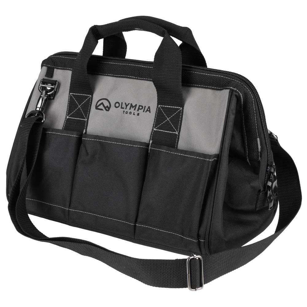 12 in. Black Water-Resistant Tool Bag with Dual Zipper, Adjustable Shoulder Strap - Hercitys