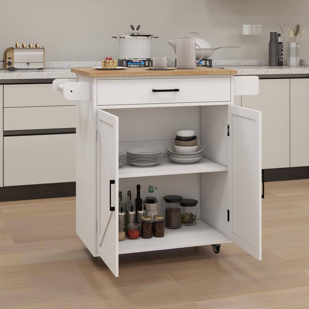 37.99 In. White Wood Kitchen Cart with Adjustable Shelves and Towel Rack Rubber Wood Table Top - Hercitys