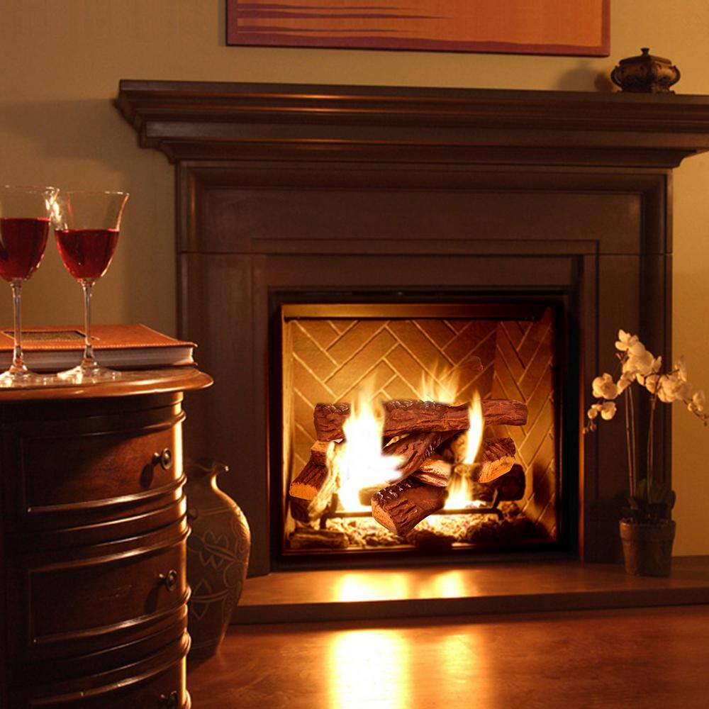 4.5 in. W Decorative Ceramic Wood Fireplace Firepit Faux Log Set (10-Piece) - Hercitys