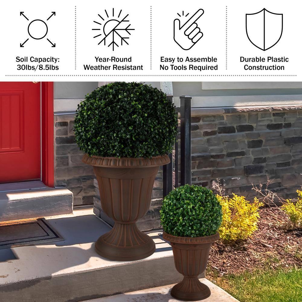 16 in. W x 18 in. H Plastic Large and Small Urn Planter 2-Pack, Brown - Hercitys