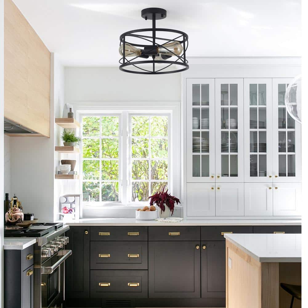 12.6 in. 3-Light Black Semi Flush Mount Ceiling Light Fixture with Metal Cage and No Bulbs Included - Hercitys