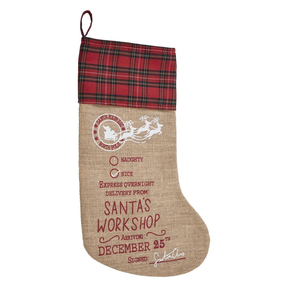 20 in. Tan Bright Red Country Black Santa’s Workshop Christmas Stocking - Hercitys
