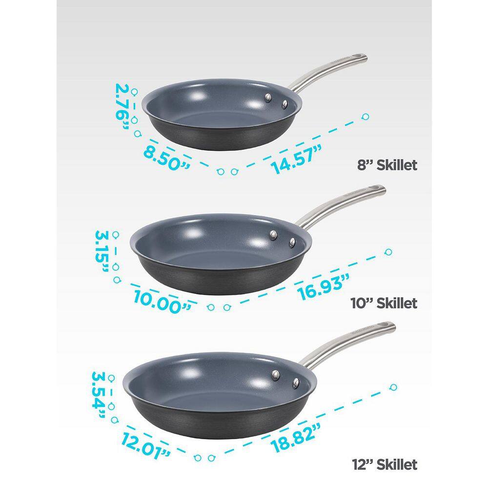 3-Piece Ceramic Hard Anodized Aluminum Skillet Set, Cookware Set, Gray - Hercitys