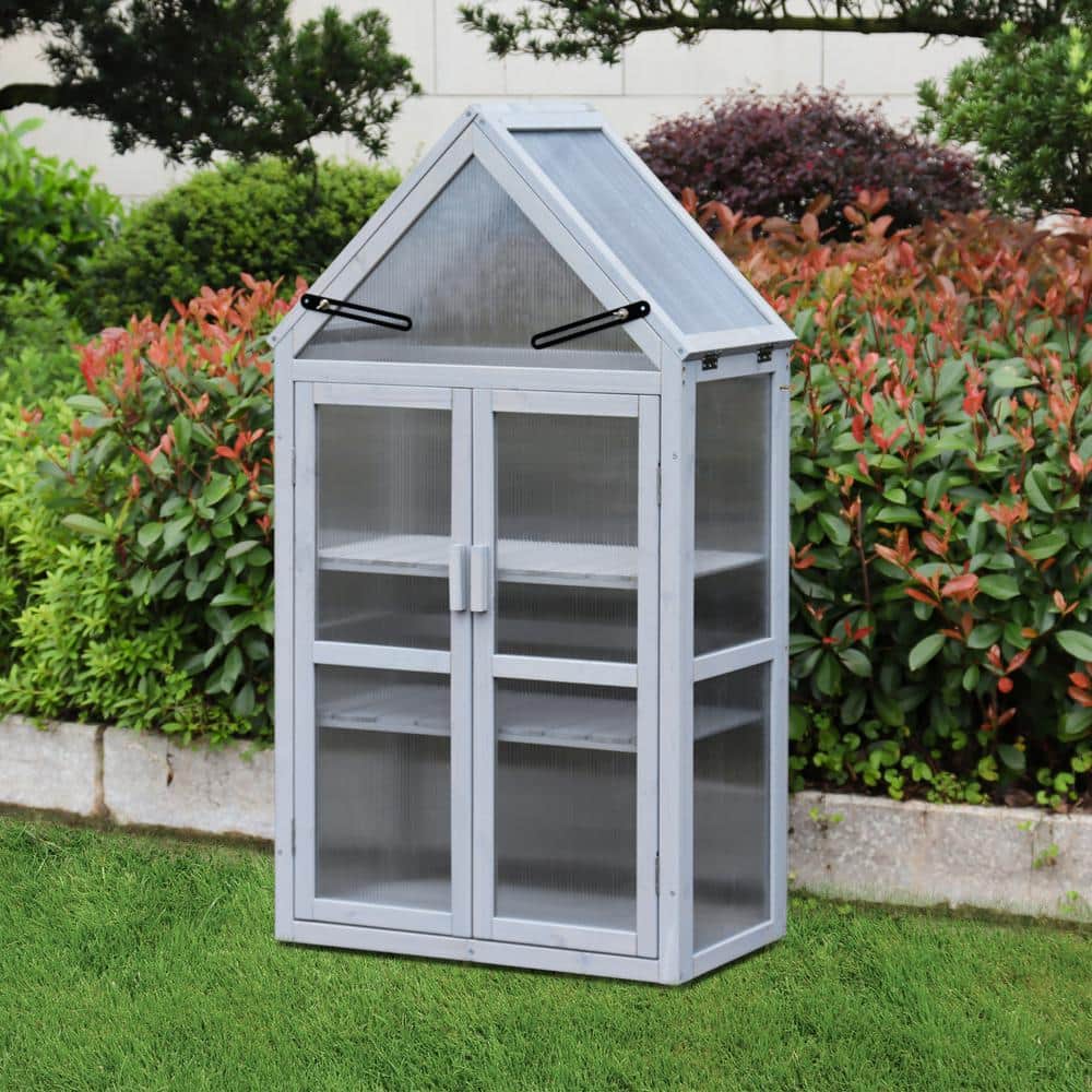 27.55 in. W x 16.14 in. D x 52.36 in. H Wood Gray Mini Greenhouse with Adjustable Roof Panels, Adjustable Shelf - Hercitys