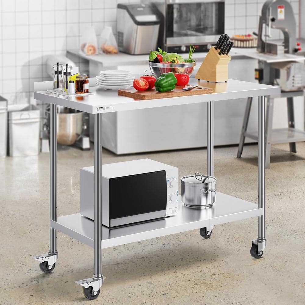 24 x 48 x 40 in. Stainless Steel Commercial Kitchen Prep Table with Casters Metal Table with Adjustable Height Silver - Hercitys
