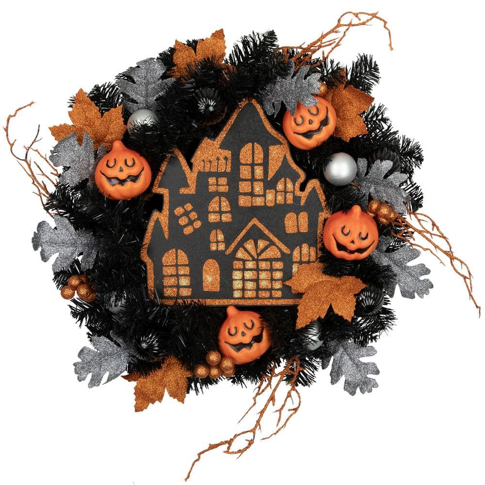 24 in. Orange and Black Unlit Haunted House Halloween Wreath - Hercitys