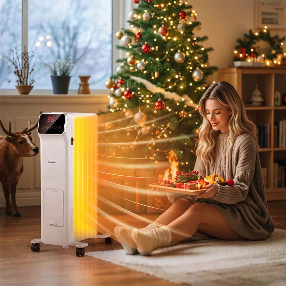 1500-Watt White Indoor Electric Oil Filled Radiator Radiant Space Heater with Remote Control 3-Modes 24-H Timer - Hercitys