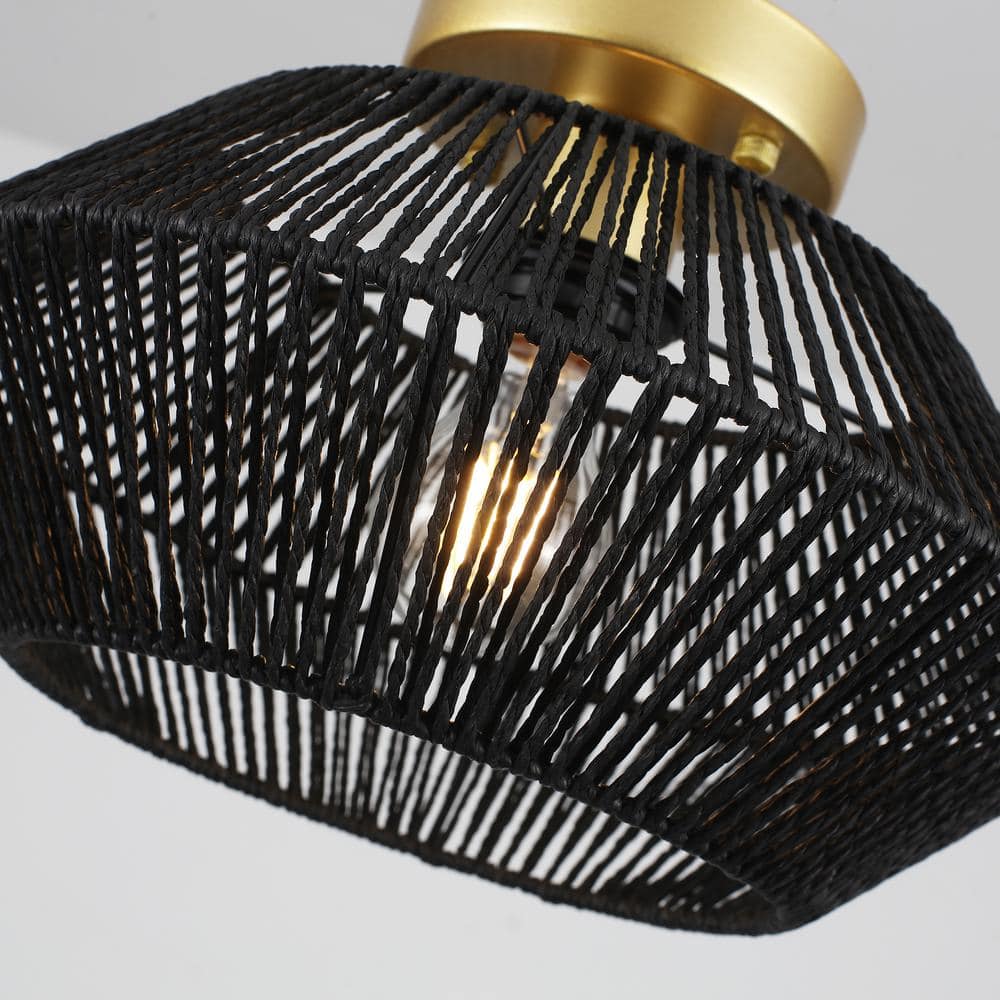 12.59 in. 1-Light Gold and Black Metal Semi-Flush Mount Light with Imitation Hemp Rope Shade and No Bulbs Included - Hercitys
