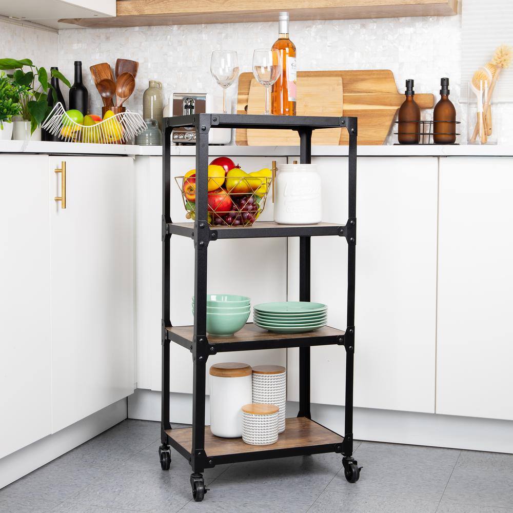 4-Tier Metal/Wood, 4-Wheeled Rolling Utility Cart Bar Cart in Black - Hercitys