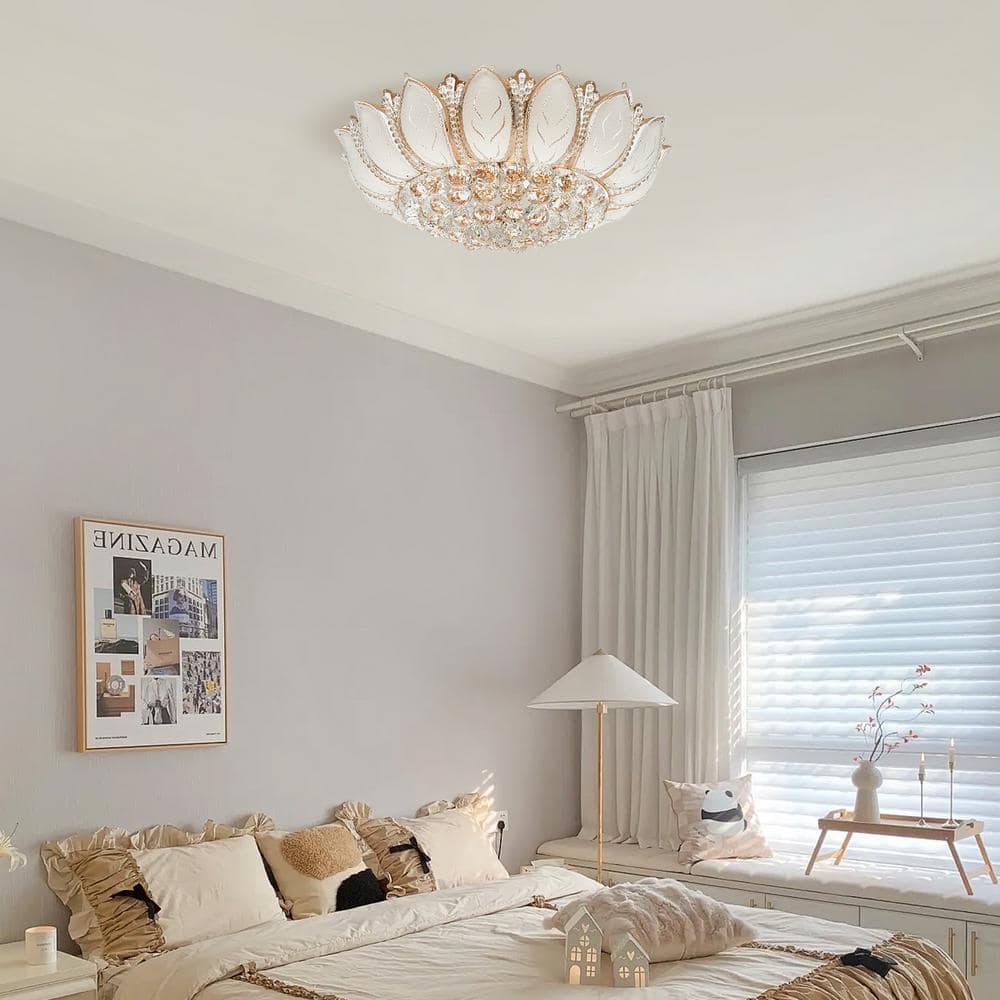 23.62 in. 7-Light Modern Gold Lotus Flower Shape Crystal Flush Mount Ceiling Lamp and No Bulbs Included - Hercitys
