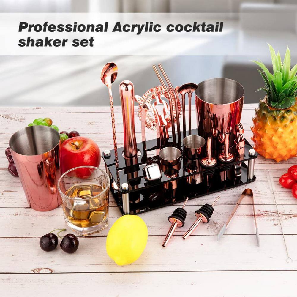 23-Piece 20 oz. and 24 oz. Rose Gold Stainless Steel Cocktail Shaker Set with Acrylic Stand and Cocktail Recipes Booklet - Hercitys
