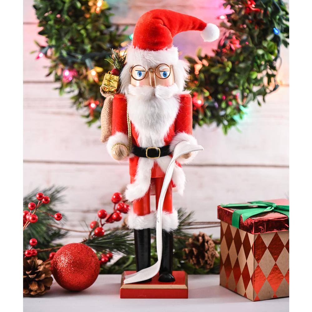 14 in. Wooden Christmas Santa Nutcracker Santa in Traditional Attire w/ a Bag of Gifts On His Shoulder and List of Names - Hercitys