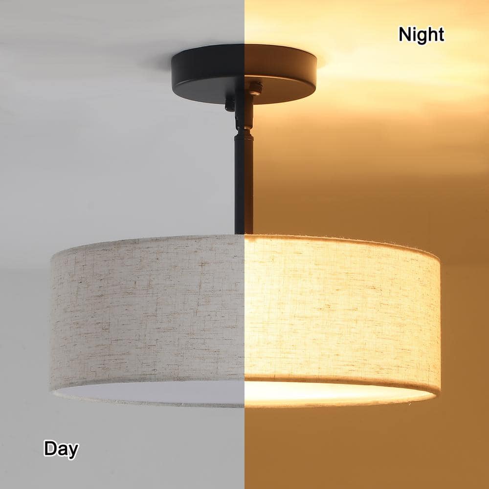 12.6 in. 3-Light Black Drum Linen Blend Semi Flush Mount Ceiling Light with White Fabric Shade and No Bulbs Included - Hercitys