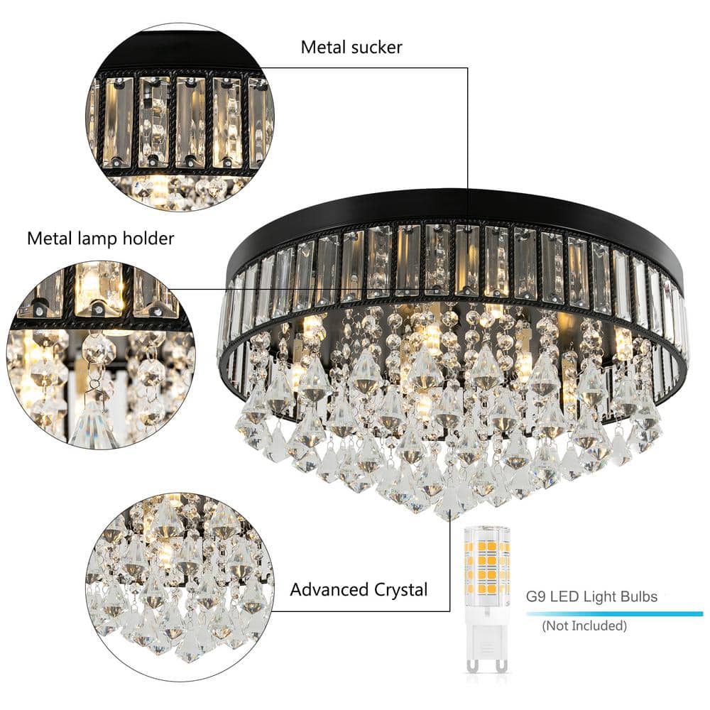19.68 in. 9-Light Black Modern Round Flush Mount Ceiling Light with Clear Crystal Shade and No Bulbs Included - Hercitys