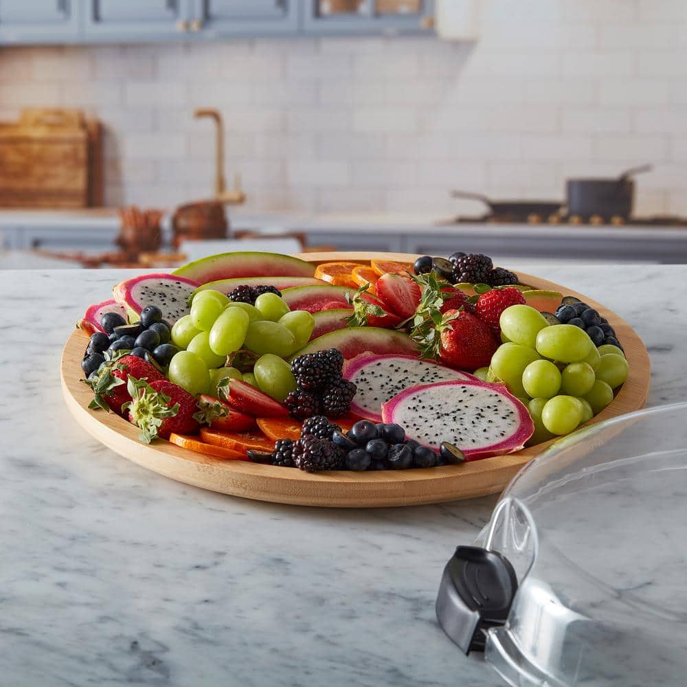 14 in. x 2.95 in. H Round Build-A-Board Acacia Cutting Board with Single Compartment and Clear Locking Lid, Black - Hercitys