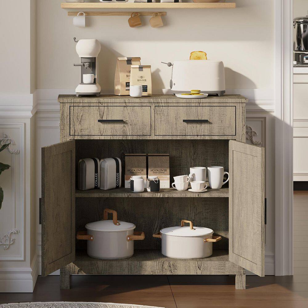 31.5 in. W Pantry Organizer Farmhouse Kitchen Storage Cabinet in Gray with 2-Drawers and Doors - Hercitys