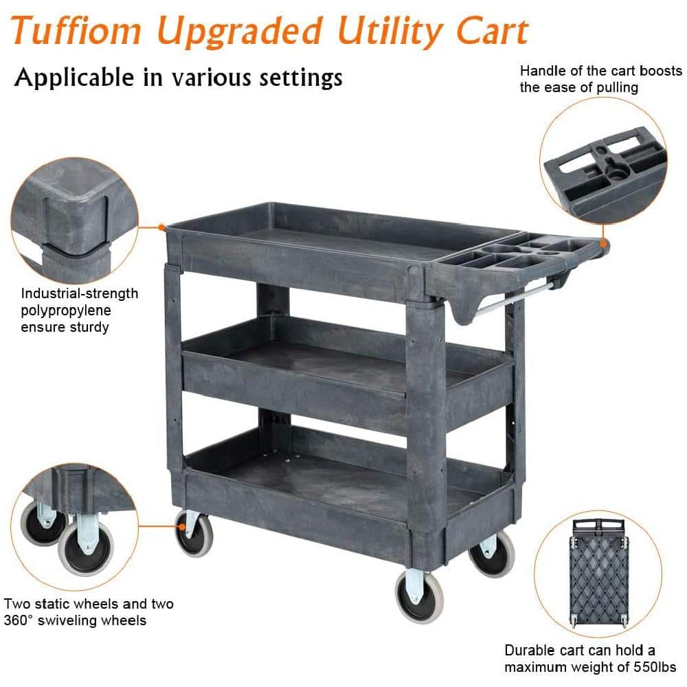 3-Tier Plastic 4-Wheeled Service Cart in Gray with 550 lbs. Capacity - Hercitys