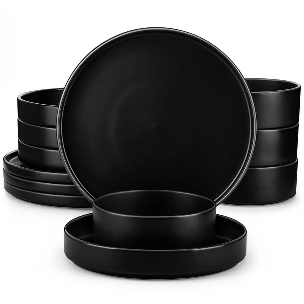 12-Piece Matte Black Stoneware Dinnerware Set Service for 4-Bowls and Plates Set Round Tableware Set - Hercitys