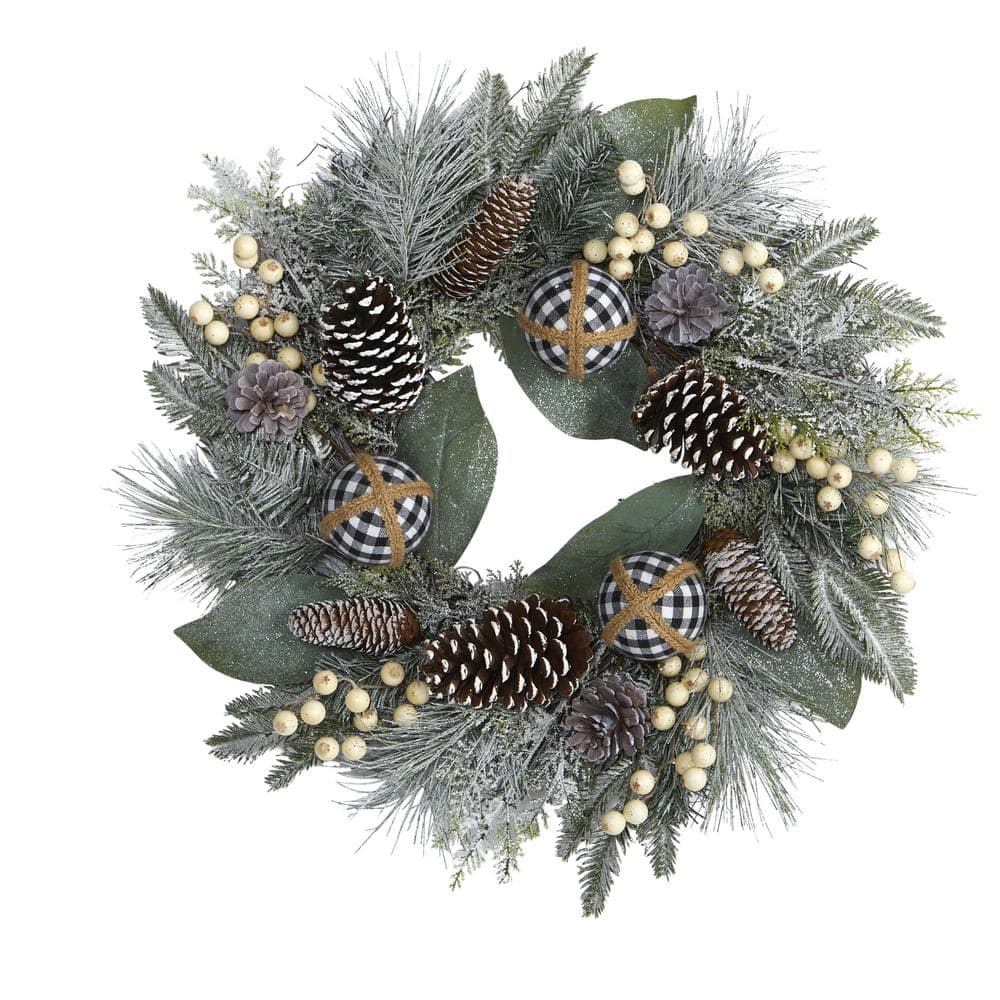 24 in. Snow Tipped Holiday Artificial Wreath with Berries Pine Cones and Ornaments - Hercitys