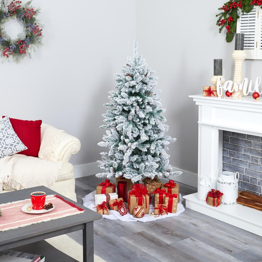 5 ft. Pre-Lit Flocked Livingston Fir Artificial Christmas Tree with Pine Cones and 200 Clear Warm LED Lights - Hercitys