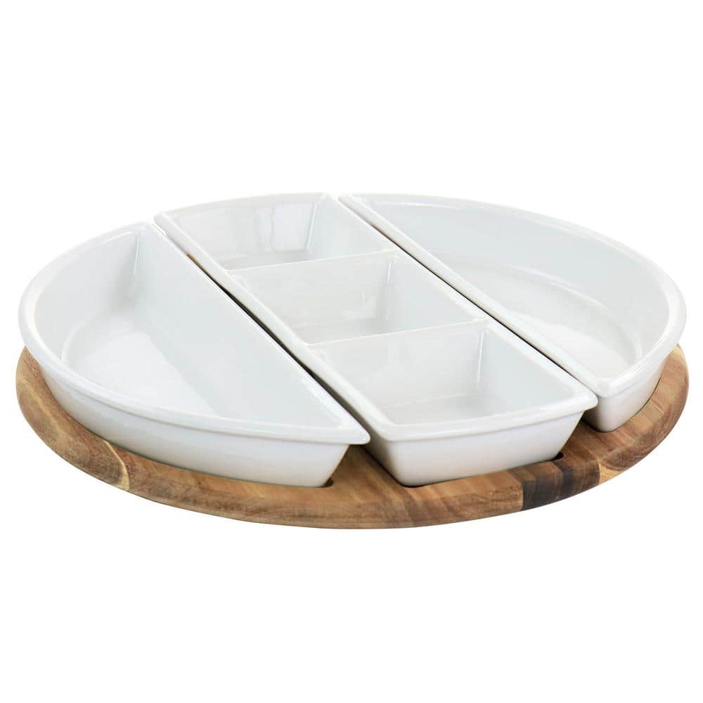 14.4 in. L x 14.4 in. W x 2 in. H 3-Compartment White Gracious Dining Sectional Tray with Wood Base (Set of 4) - Hercitys