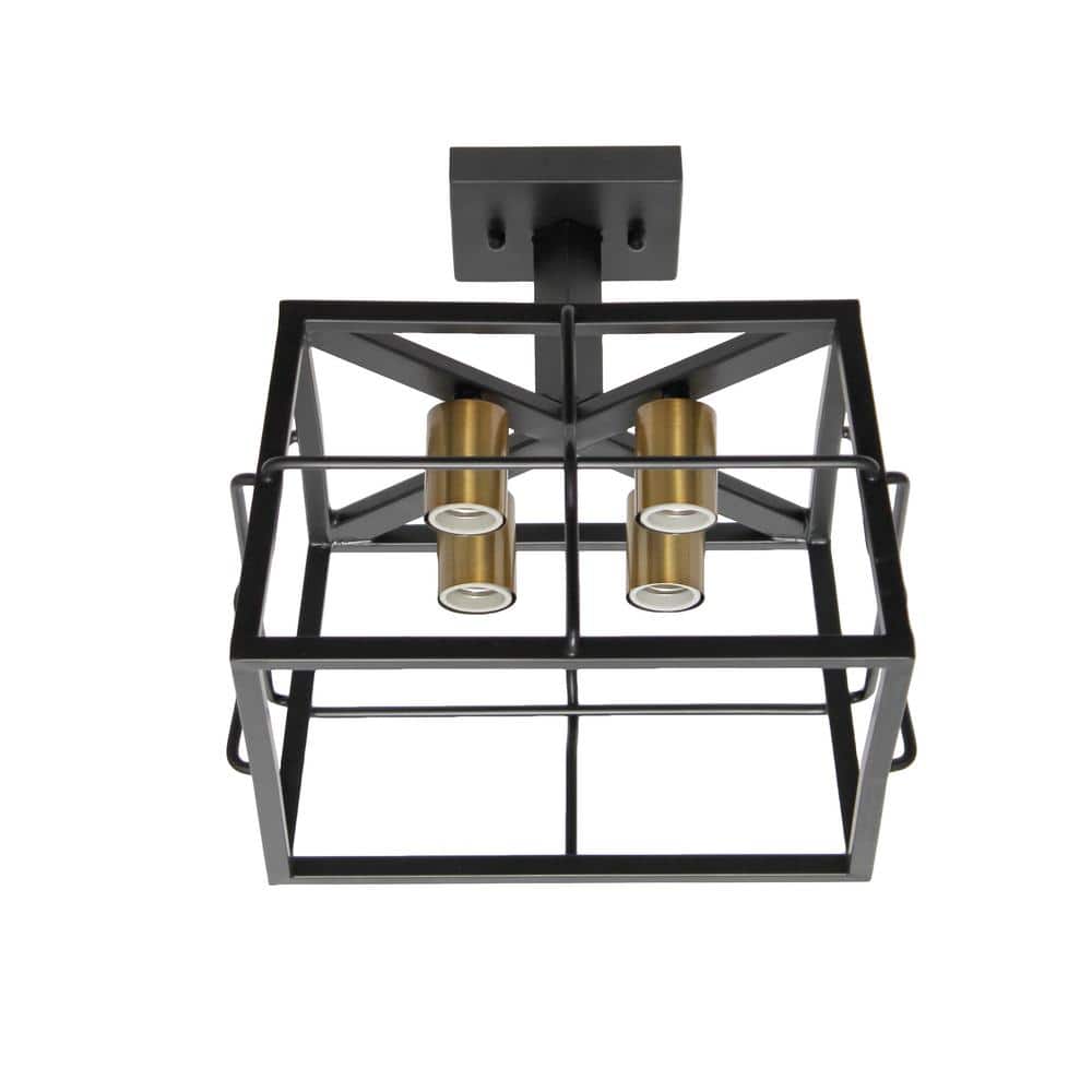 12.4 in. 4-Light Black Semi Flush Mount Fixture Industrial Farmhouse Caged Square Metal Frame Ceiling - Hercitys