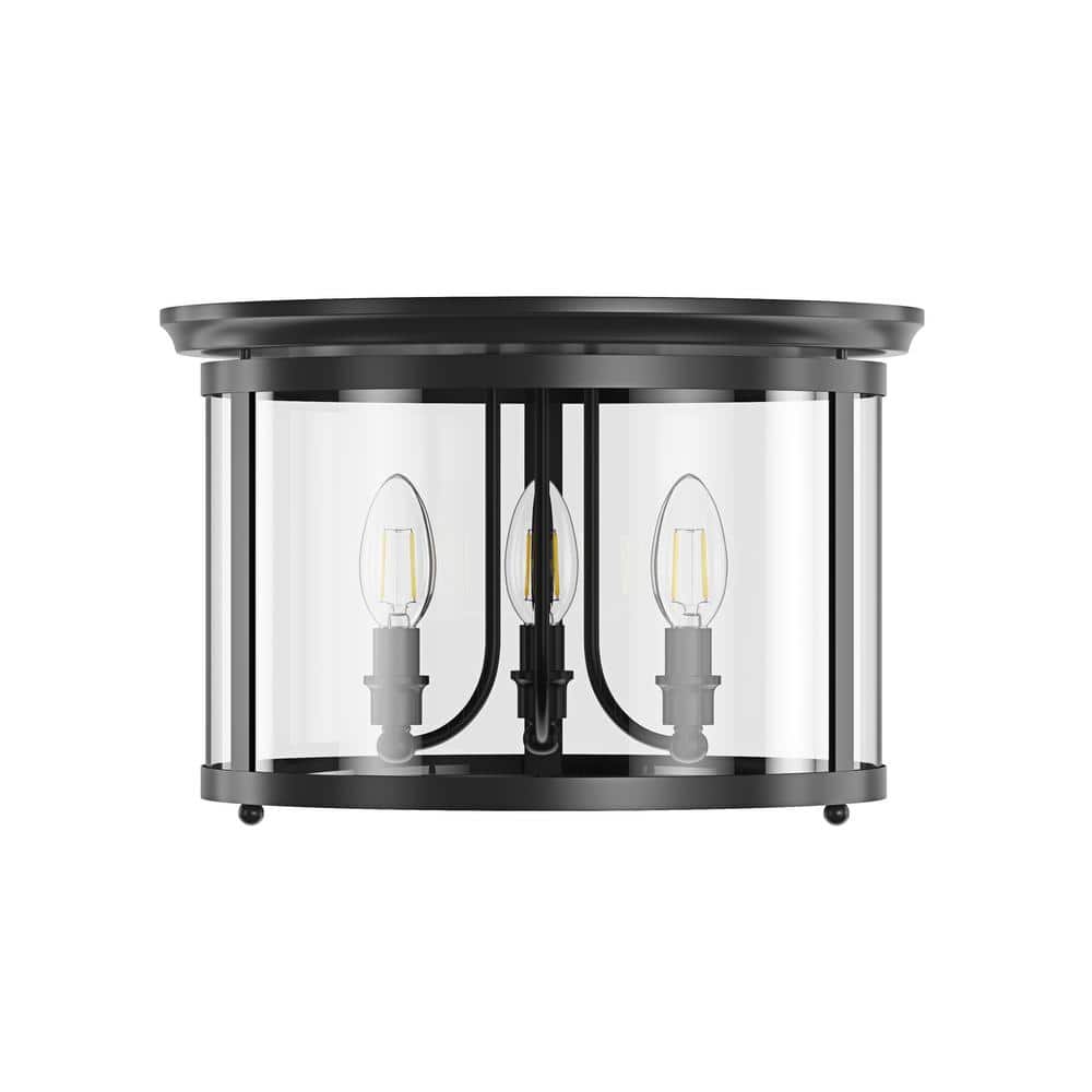 14.37 in. 3-Light Industrial Black Flush Mount Modern Ceiling Lighting Fixture with Clear Glass Shade - Hercitys