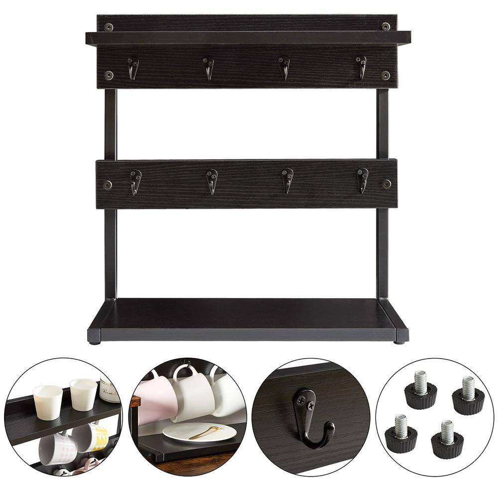 2-Tier Black Countertop Mug Tree Holder Rack with Storage Base and 8 Hooks, Coffee Mug Holder Stand with Shelf - Hercitys