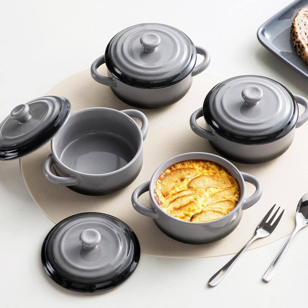 4-Piece Round Ceramic Soup Bowls with Handles, Mini Baking Ramekins, Oven and Microwave Safe Casserole Set, Black Gray - Hercitys