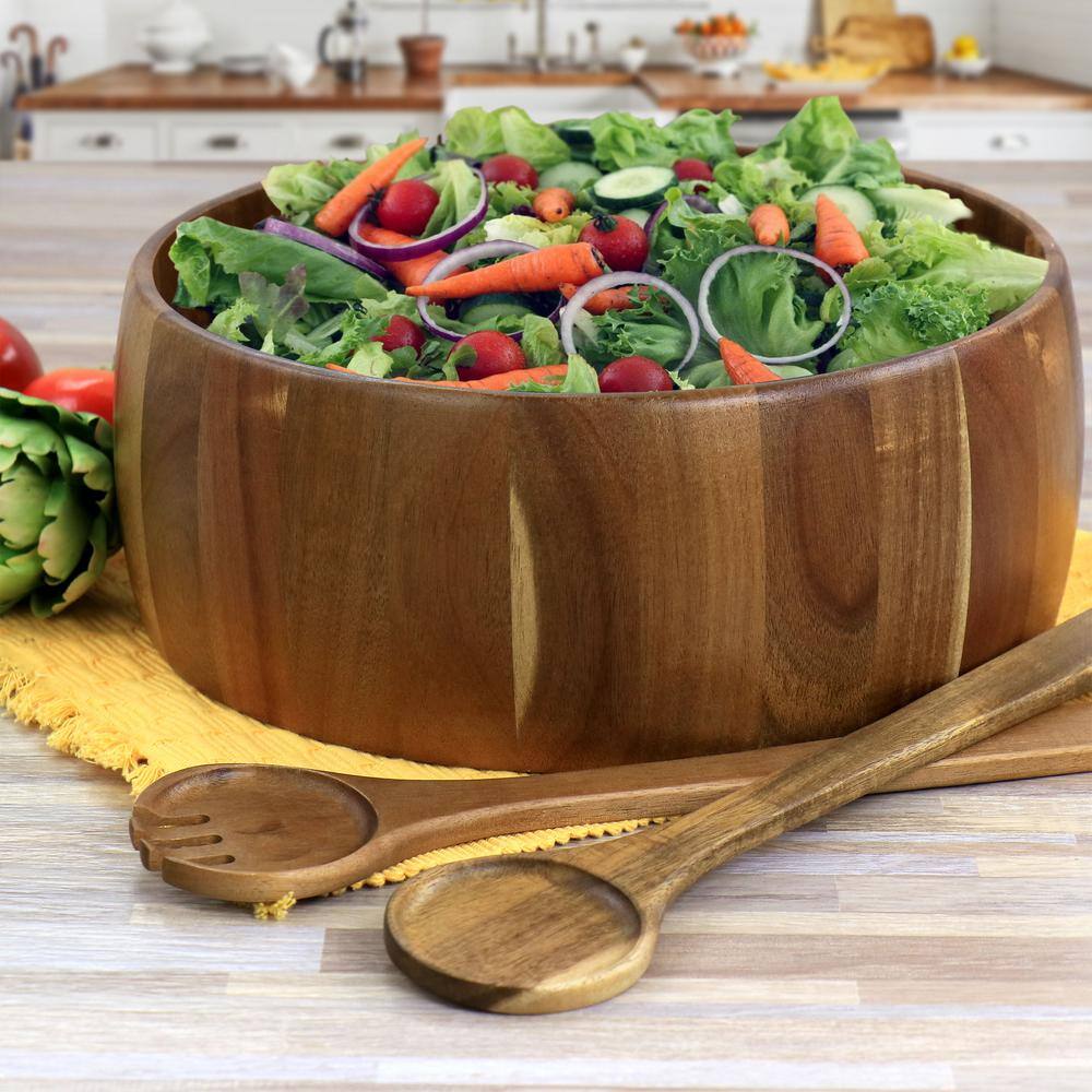 13 in. 70 fl. Oz. Brown Acacia Wood Salad Serving Bowl and Spoon (Set of 3) - Hercitys