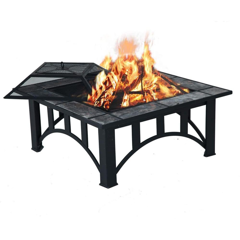 32 in. W x 18 in. H Square Antique Finish Wood Burning Outdoor Fire pit with Spark Screen Waterproof Cover Poker - Hercitys