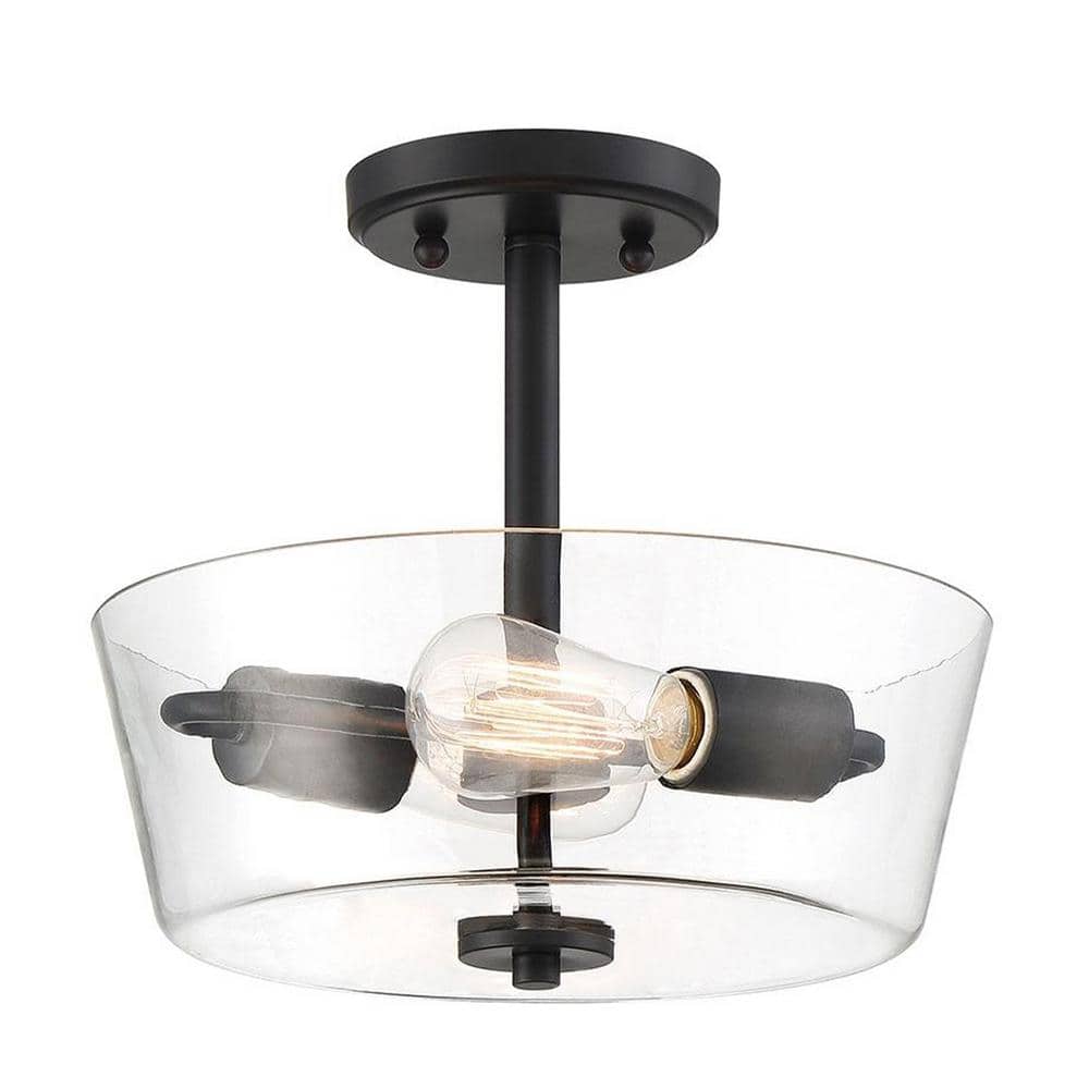 12 in. 2-Light Matte Black Round Semi-Flush Mount, Modern Ceiling Light with Clear Glass Drum Shade - Hercitys