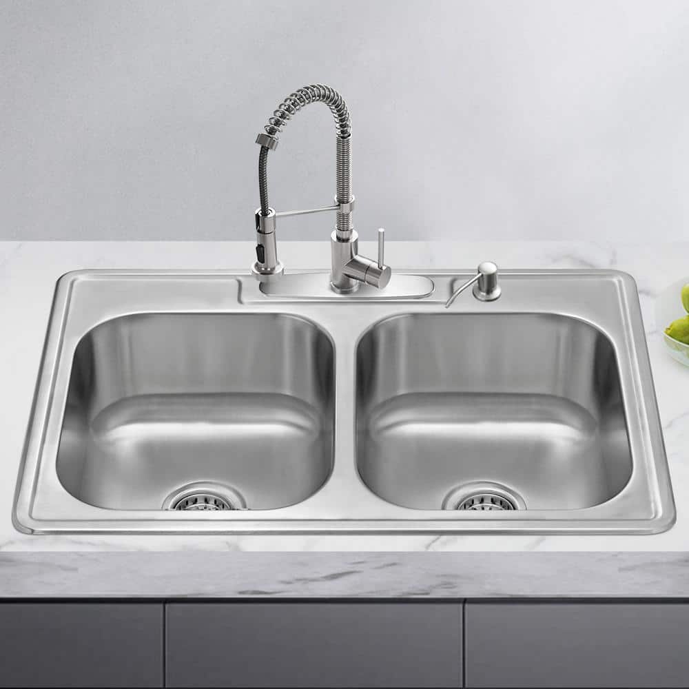 18 Gauge Stainless Steel 33 in. Double Bowl Drop-In Kitchen Sink with Bottom Grid - Hercitys