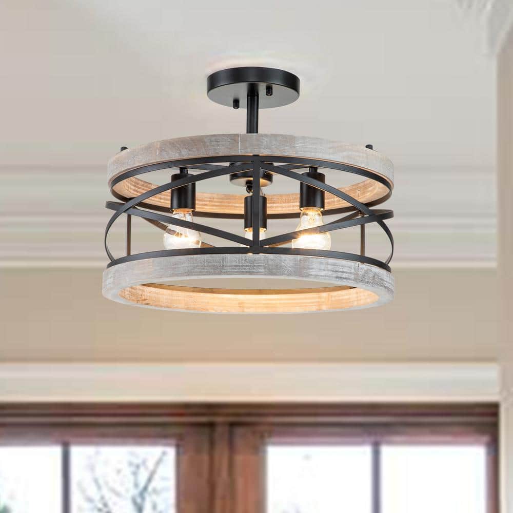 17.25 in. 3-Light Black Semi-Flush Mount with Wood Accent - Hercitys