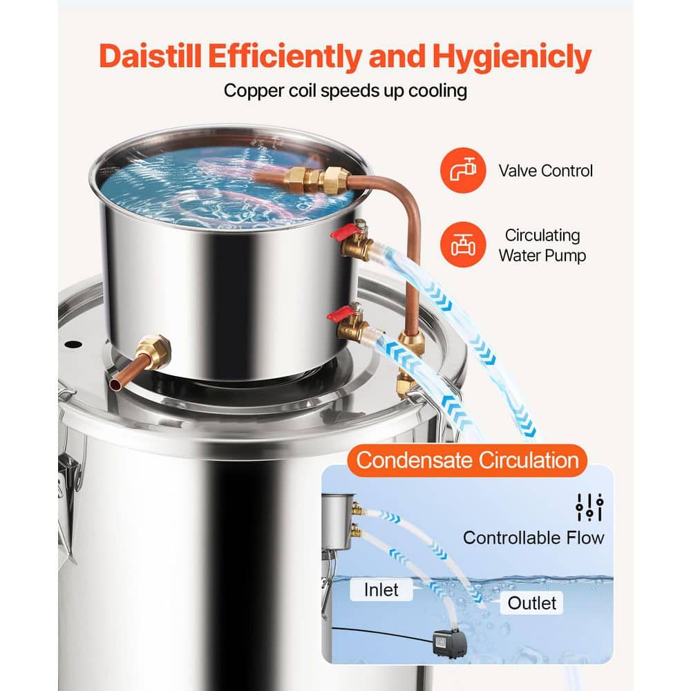5 Gal. / 19 L Stainless Steel Alcohol Still with Copper Coil, Home Brewing Distiller Kit with Thermometer and Pump - Hercitys