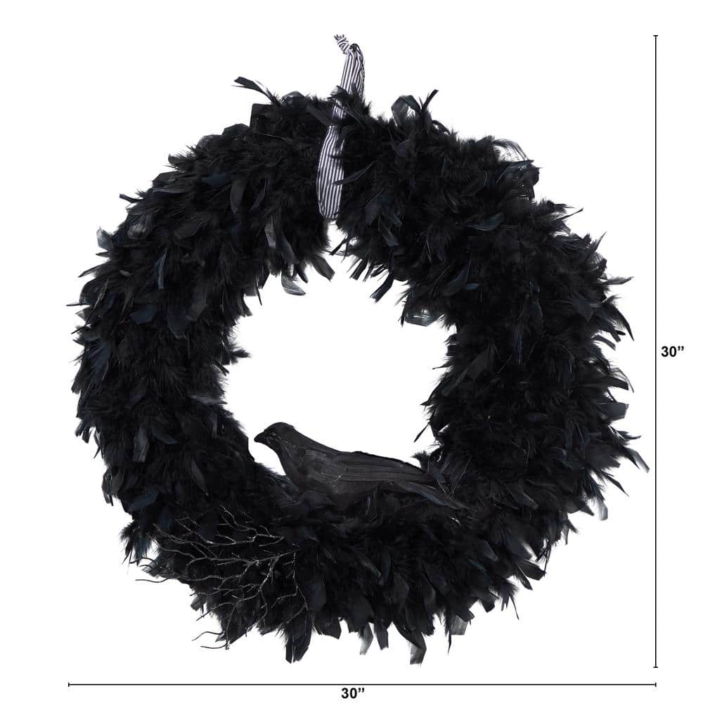 30 in. Black Raven Feather Halloween Wreath - Hercitys