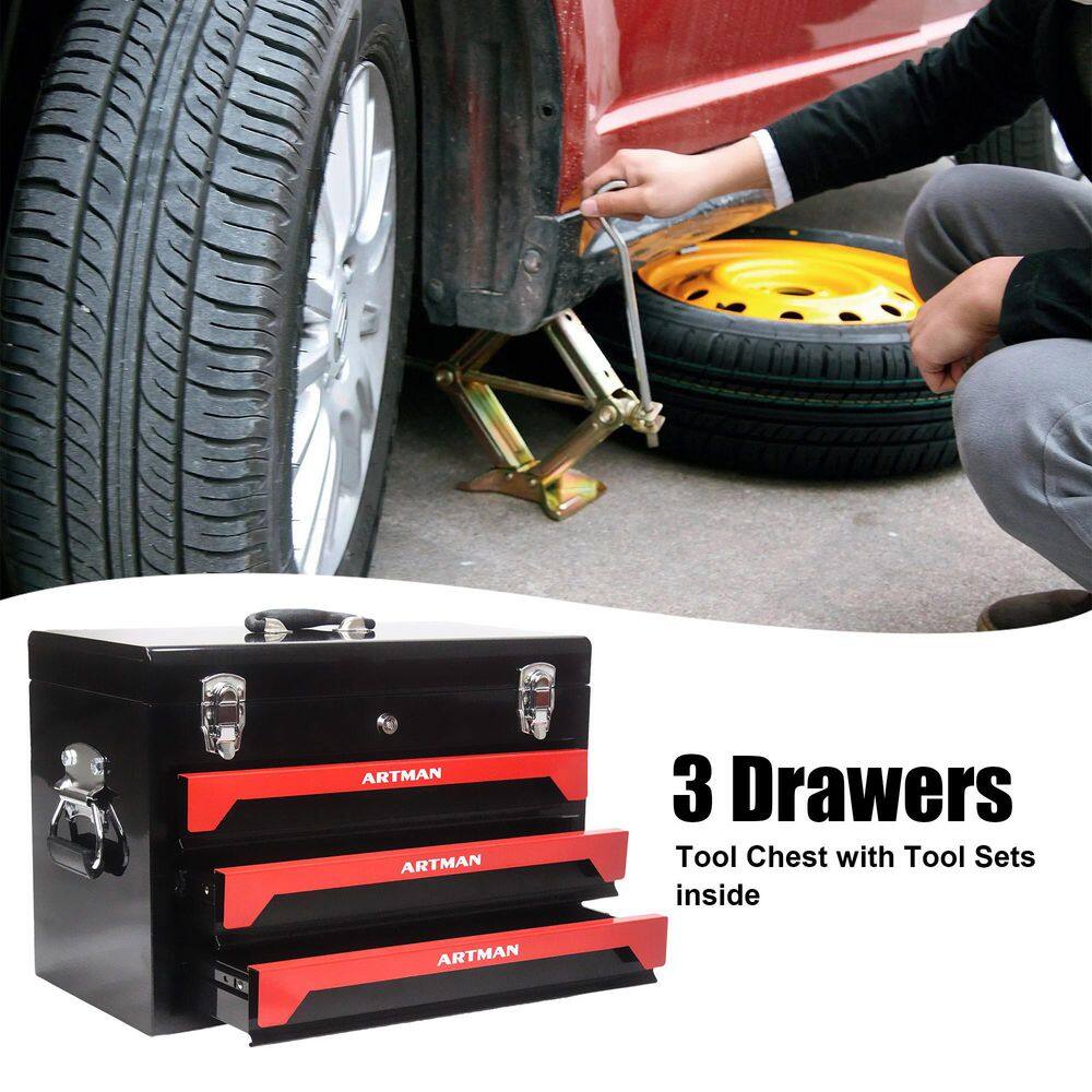 20 in Black+Red Steel 3-Drawer Tool Box with Ball-Bearing Slides, Lock & Side Handles-Portable Hand-Carry Chest - Hercitys