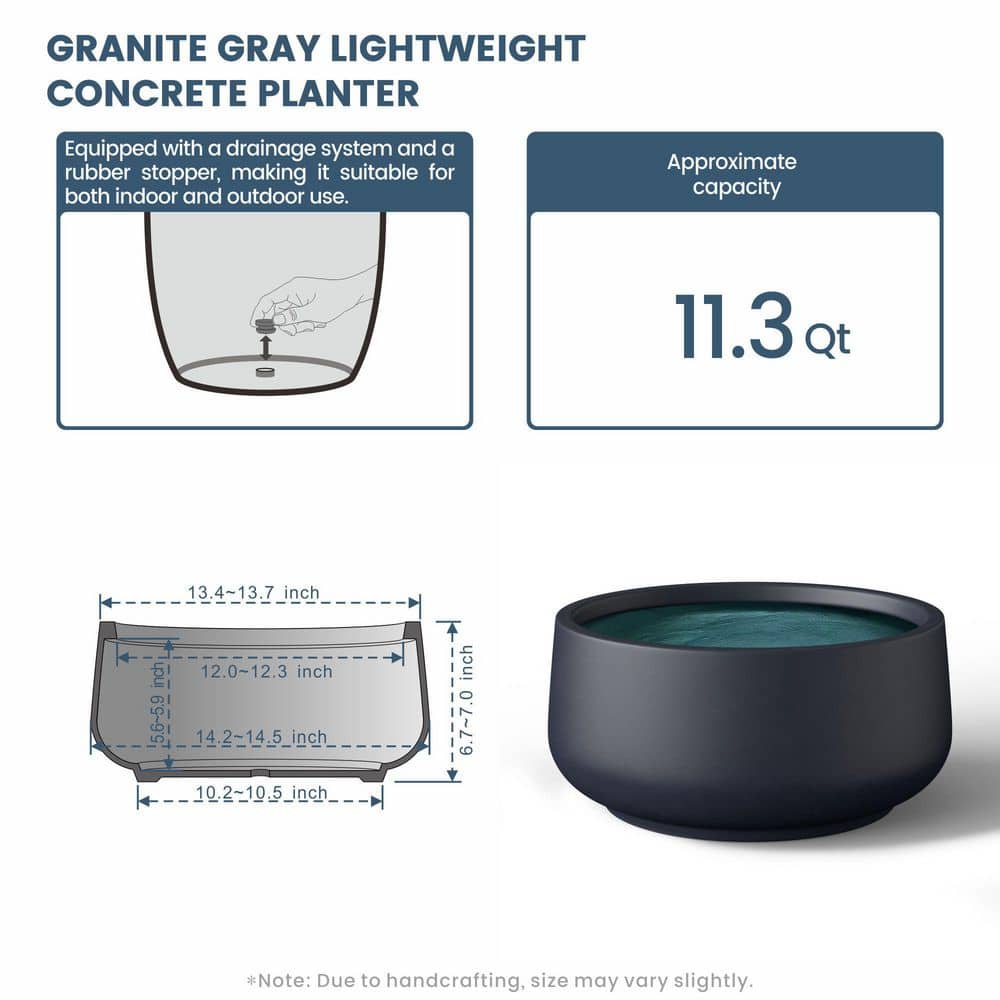 14.5 in. Medium Granite Gray(Premium Inner) Concrete Round planter/Pot with drainage holes - Hercitys