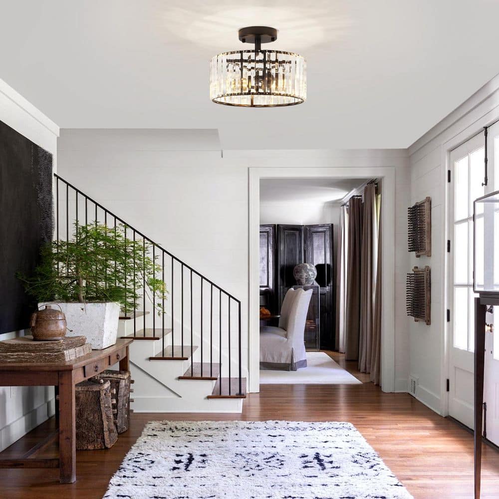 11.8 in. 3-Light Black Modern Drum Semi-Flush Mount Ceiling Light With Crystal Shade - Hercitys