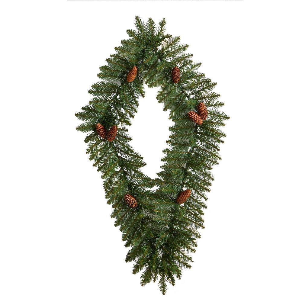 36 in. Prelit LED Geometric Diamond Artificial Christmas Wreath with Pinecones and 50 Warm White LED Lights - Hercitys