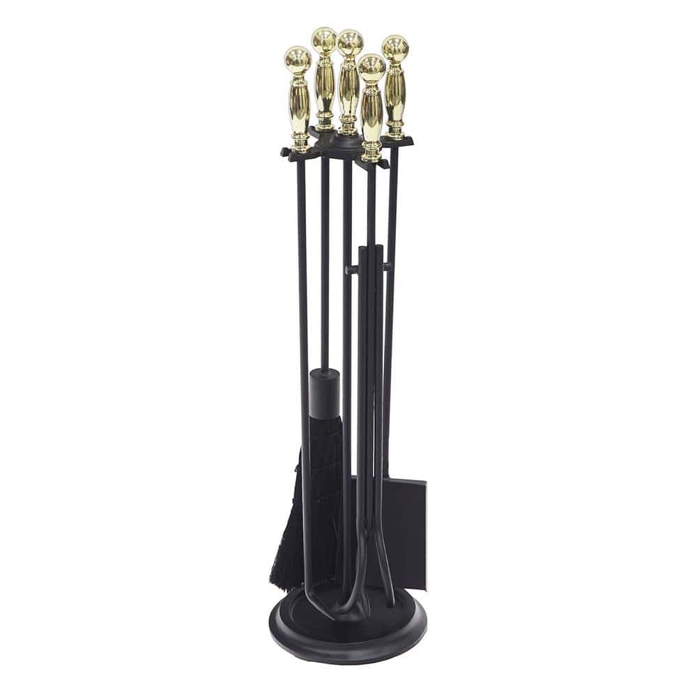 30.25 in. Tall 5-Piece Polished Brass and Black Chelmsford Fireplace Tool Set - Hercitys