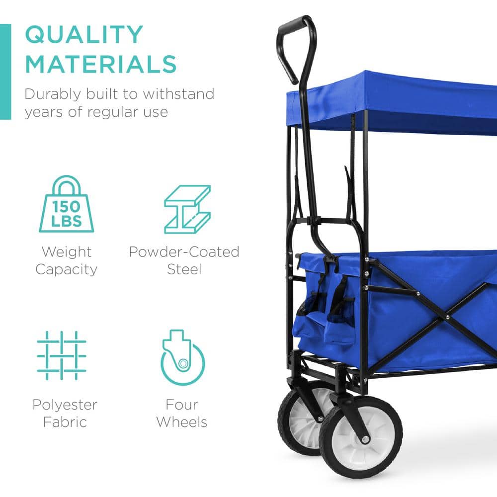 24 in. x 39 in. Utility Cargo Wagon Foldable Cart w/Removable Canopy, Cup Holders in Blue - Hercitys