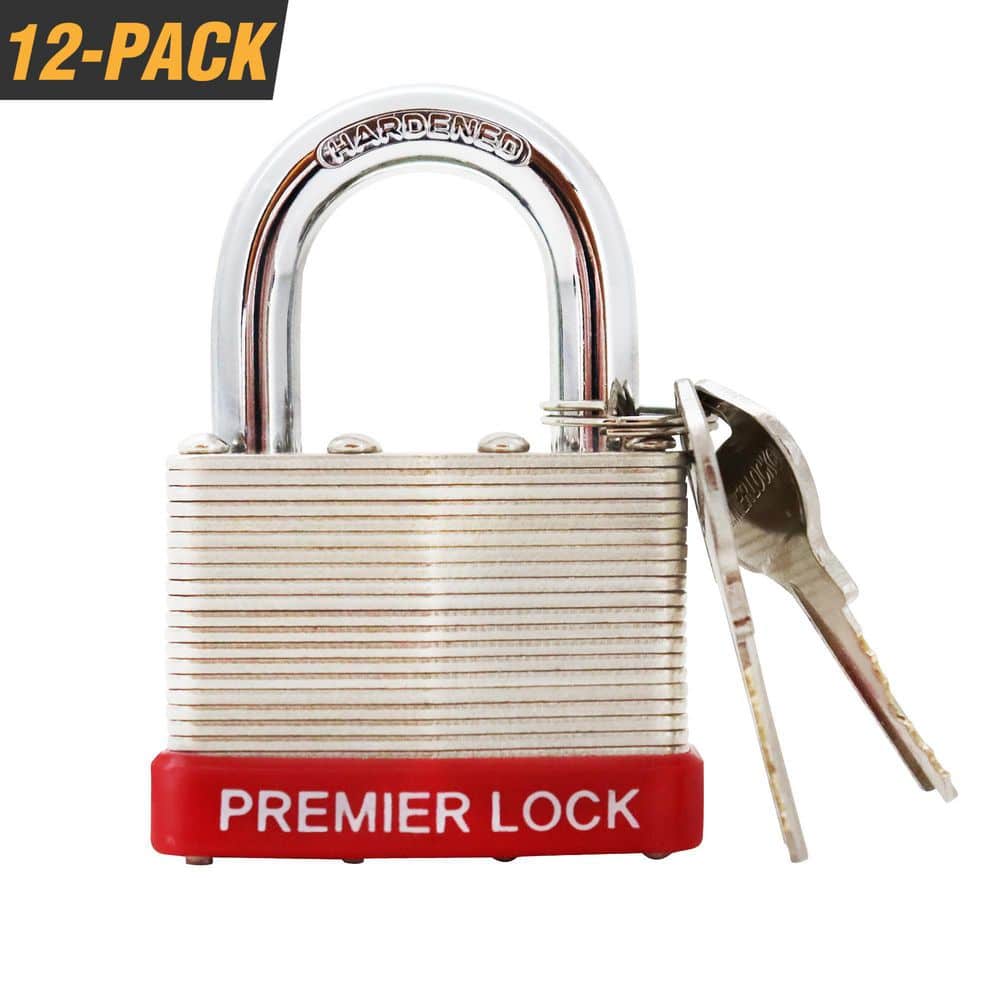 2 in. Nickel Plated Laminated Steel Keyed Padlock with Vinyl Bumper and 24 Keys Total, (12-Pack, Keyed Alike) - Hercitys