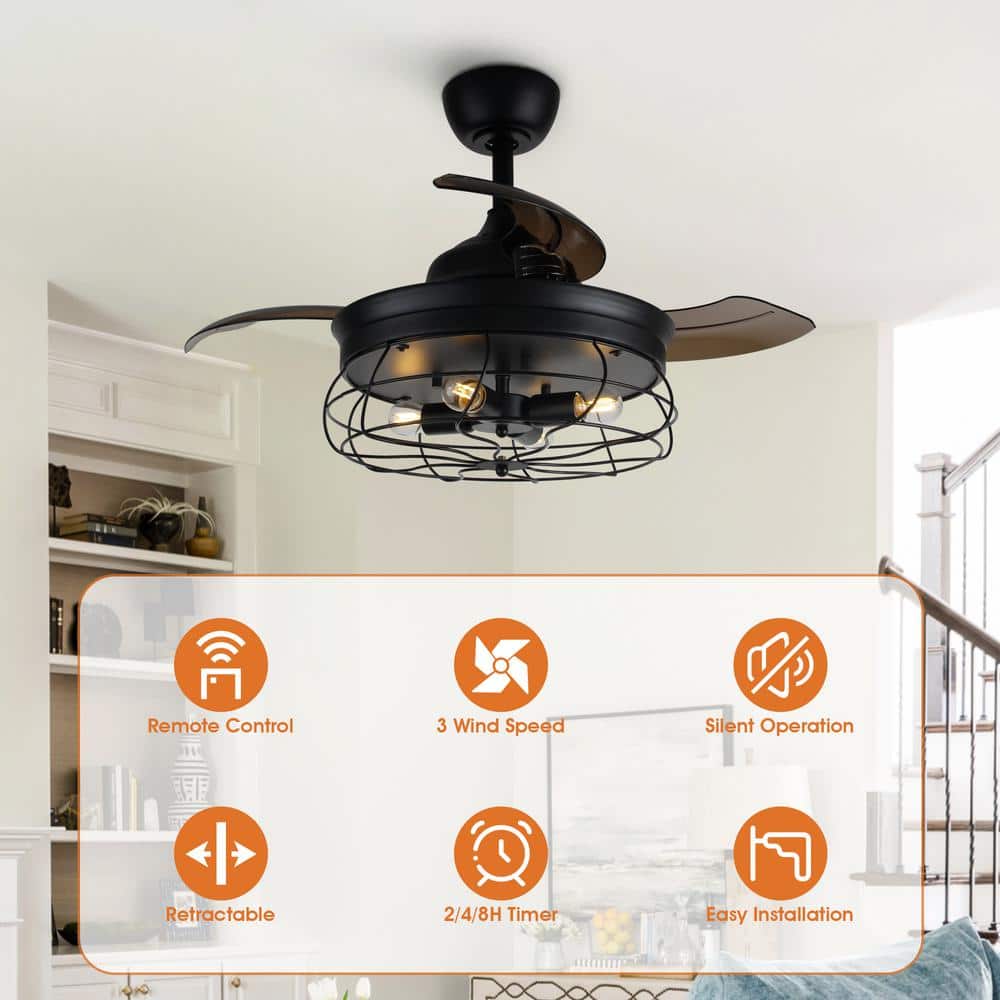 36 in. Downrod Mount Retractable 3-Blade Black Ceiling Fan with Light Kit and Remote Control - Hercitys