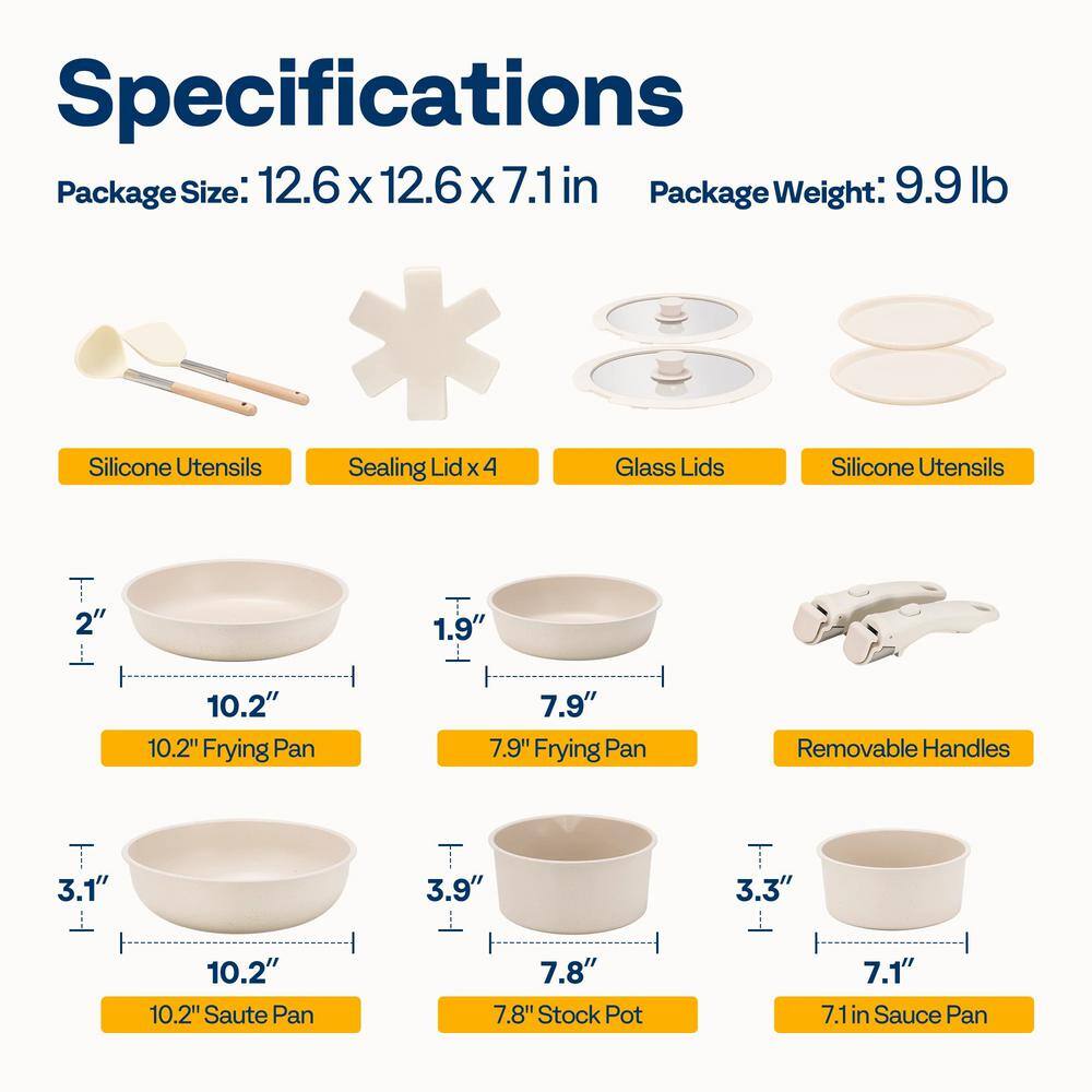 17-Piece Cream Ceramic Nonstick Cookware Set with Removable Handles - Hercitys