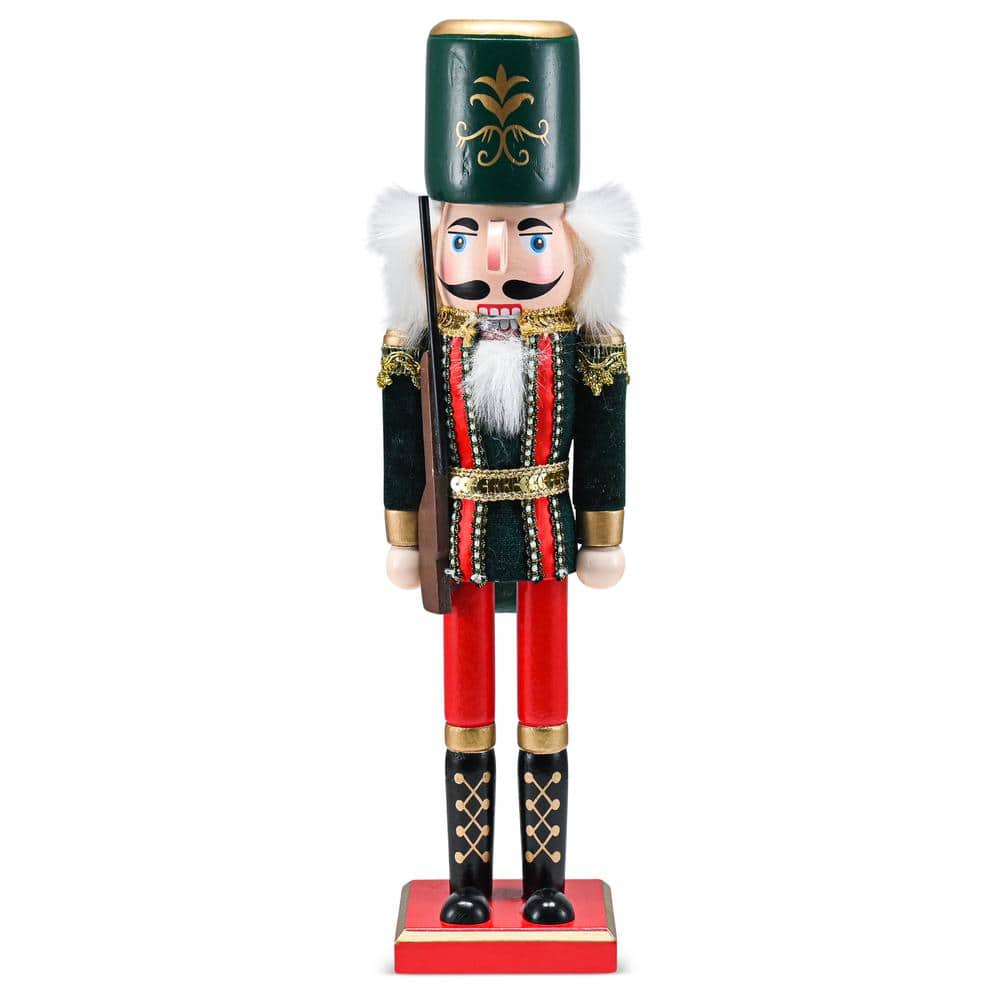 15 in. Wooden Christmas Toy Soldier Nutcracker-Red and Black Nutcracker Soldier with a Rifle Gun, Holiday Nutcracker - Hercitys