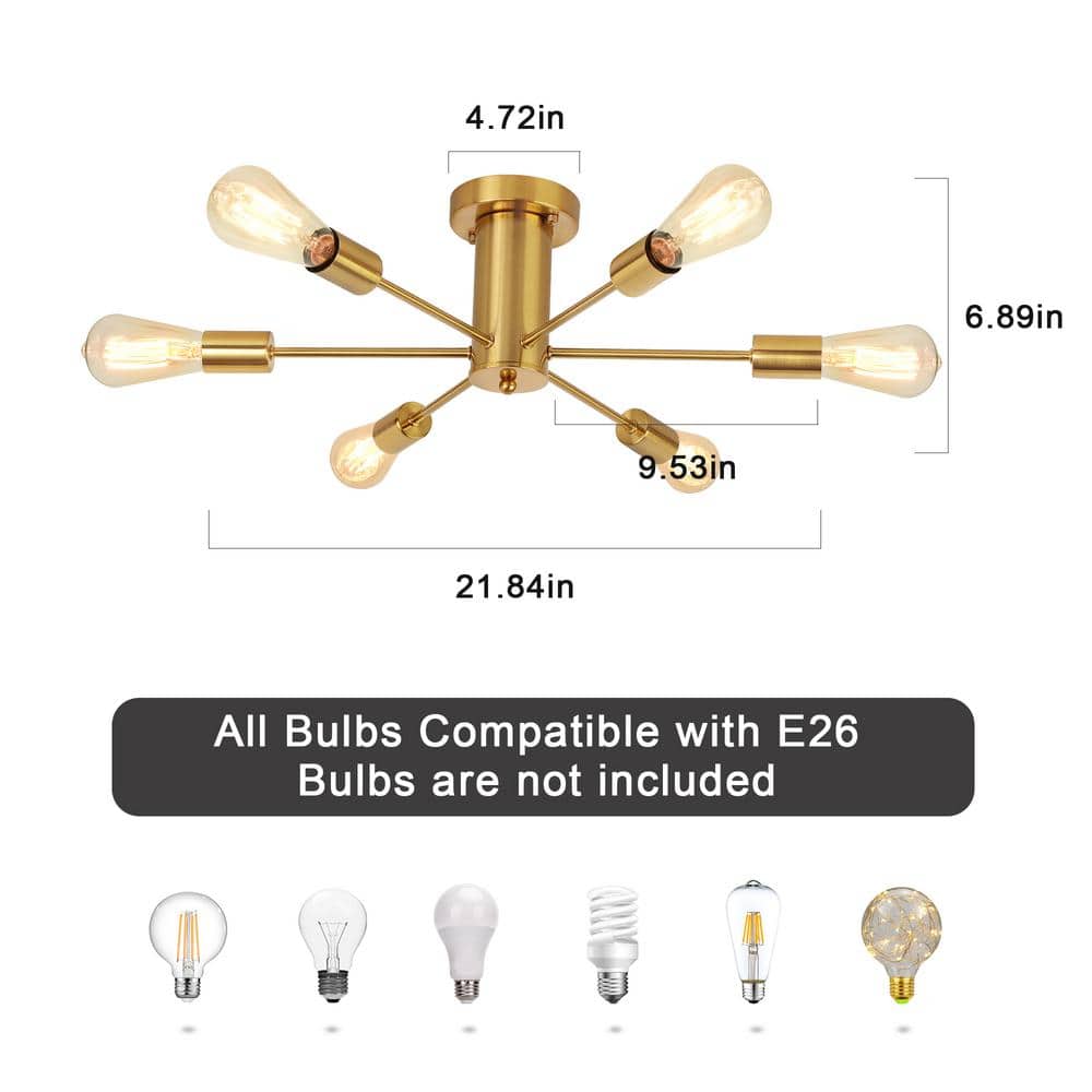 21.84 in. 6-Light Gold Sputnik Transitional Flush Mount Ceiling Lights - Hercitys