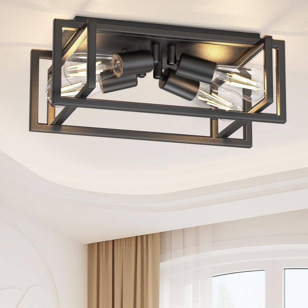 16.5 in. Industrial 4-Light Flush Mount Ceiling Light Fixture, Black Metal Frame with E26 Base No Bulbs Included - Hercitys