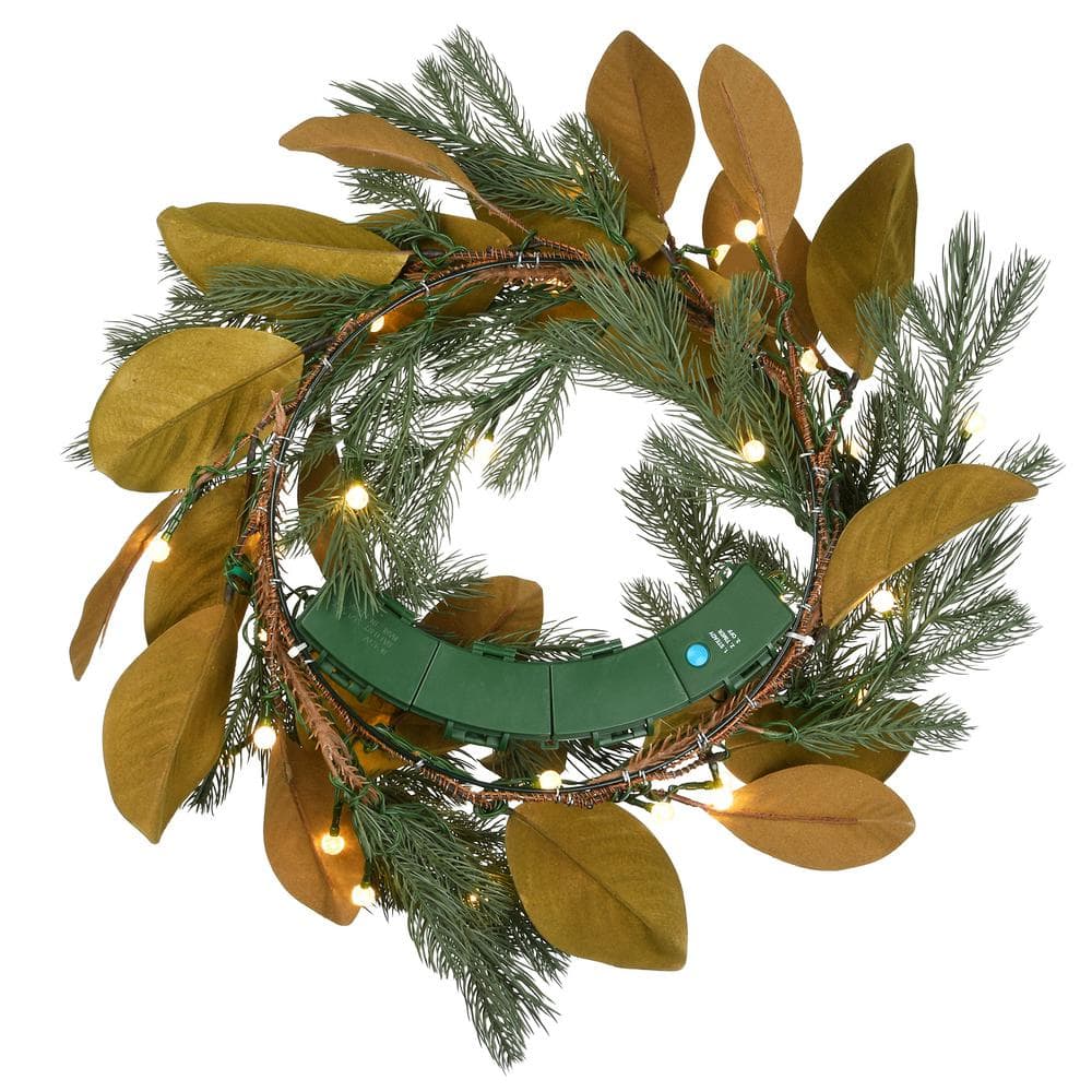24 in. Magnolia Mix Pine Artificial Christmas Wreath with 35 Battery Operated LED Lights - Hercitys