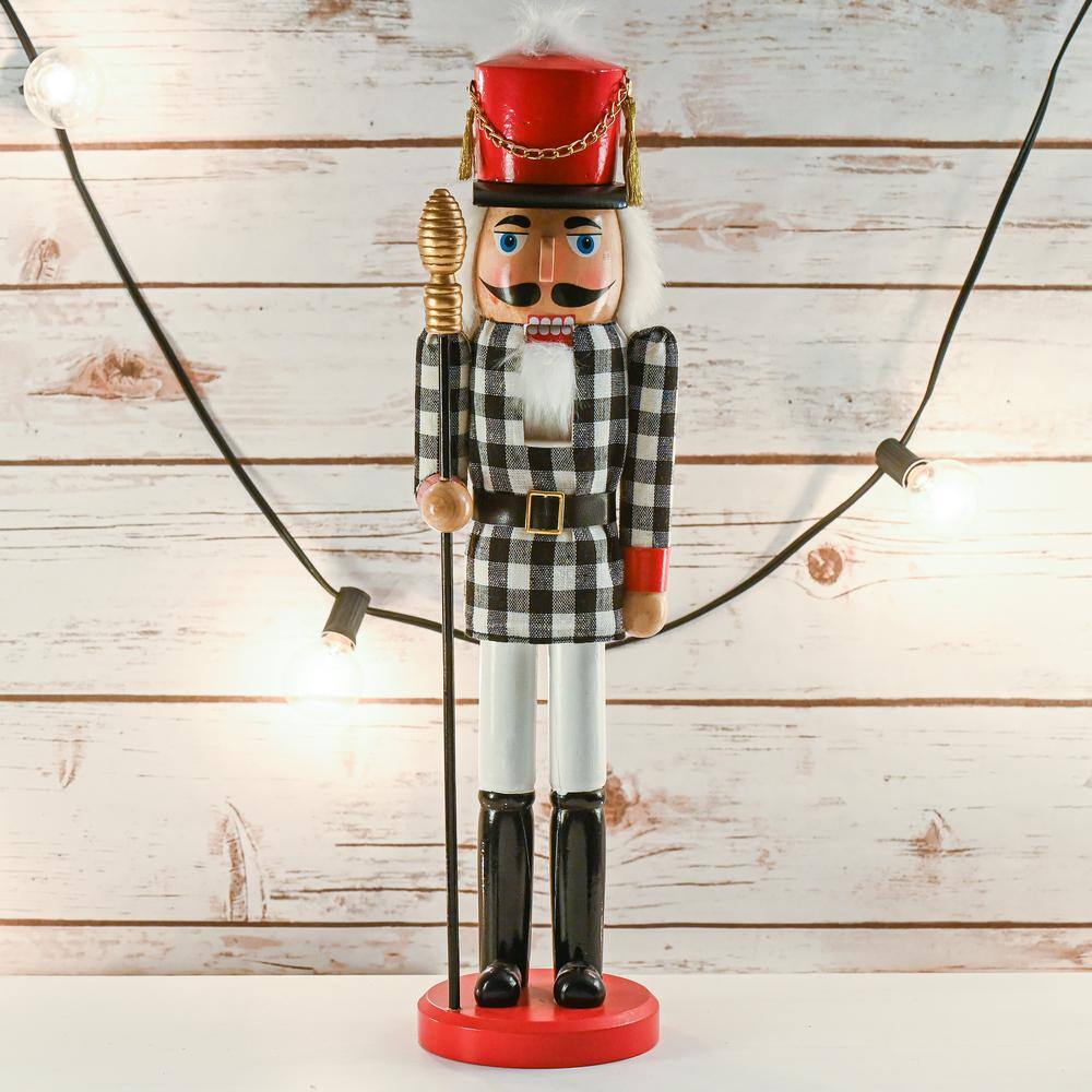 17 in. Wooden Christmas Checkered Soldier Nutcracker-Black and White Wooden Nutcracker Toy Soldier with Staff Holiday - Hercitys